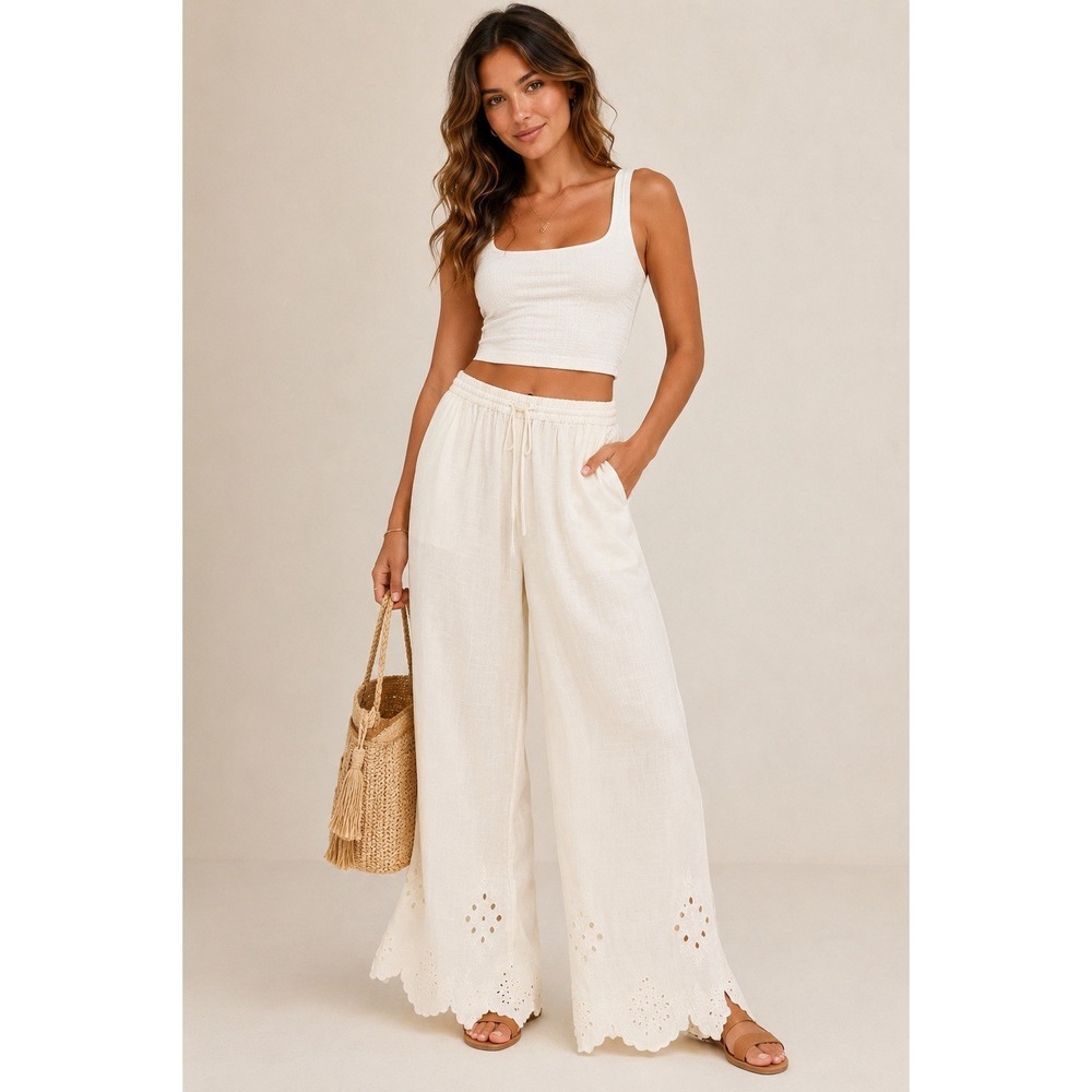 Future Collective NWT White Eyelet Wide Leg Pants Large Boho Cottagecore